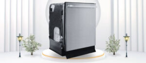 A featured image of the topic SPT SD-6502SS Dishwasher Review. A SPT SD-6502SS dishwasher is showcased on a pedestal with a glowing halo at the base, flanked by ornamental plants and other things, set against a backdrop of elegant white curtains.