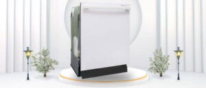 A featured image of the topic SPT SD-6502W Dishwasher Review. A SPT SD-6502W dishwasher is showcased on a pedestal with a glowing halo at the base, flanked by ornamental plants and other things, set against a backdrop of elegant white curtains.