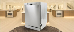 In this Avanti DWF24V3S Dishwasher Review image, the built-in (under-counter) dishwasher is displayed in a showroom setting, highlighting its modern design and front panel.