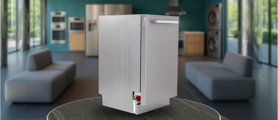 Image showing the Avanti DWT18V3S built-in (under-counter) dishwasher is placed in a showroom, emphasizing its streamlined front panel and modern aesthetic.