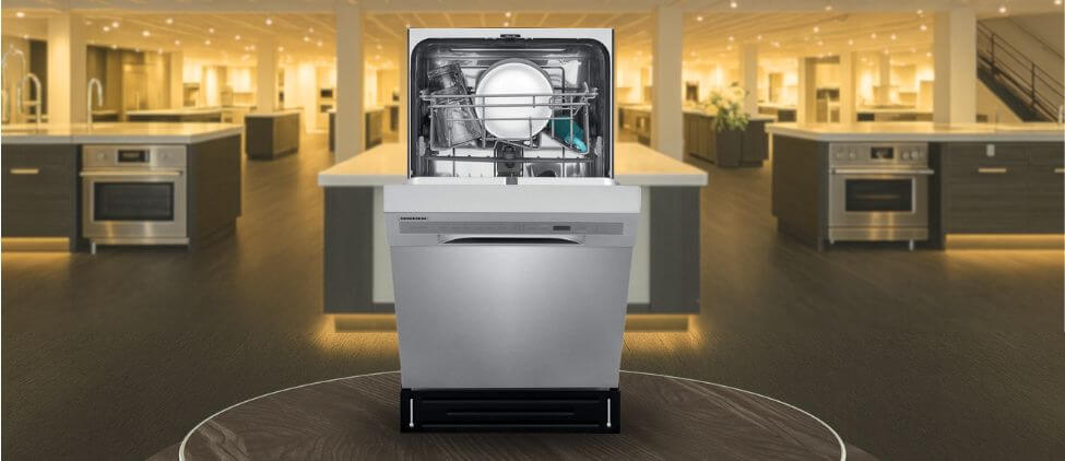 A featured image of the topic FRIGIDAIRE FFBD1831US Dishwasher Review. A FRIGIDAIRE FFBD1831US dishwasher is showcased on a pedestal with a glowing halo at the base, flanked by ornamental plants and other things, set against a backdrop of elegant white curtains.