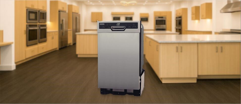 17_SPT-SD-9254SS-dishwasher-review In this SPT SD-9254SS Dishwasher Review image, the built-in (under-counter) dishwasher is displayed in a showroom setting, highlighting its modern design and sleek front panel.