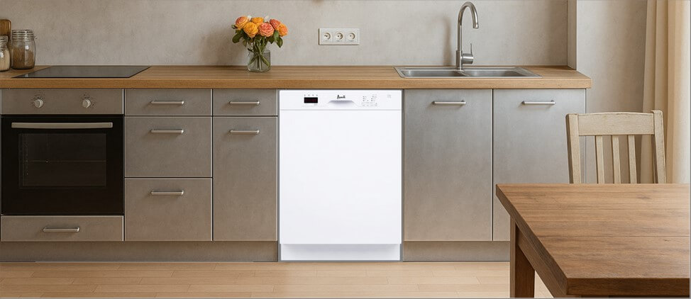 A sleek, contemporary kitchen with built-in cabinetry, integrated appliances, and a modern sink setup. The Avanti DWF24V0W dishwasher is seamlessly installed within the cabinetry, demonstrating its compatibility with clean, minimalist kitchen designs.