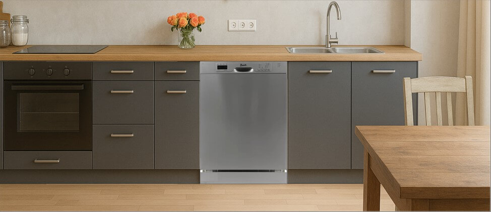 A bright, modern kitchen featuring built-in cabinetry with integrated appliances and a sink. One of the cabinets is fitted with a the Avanti DWF24V3S dishwasher, highlighting how well it integrates into a minimalist, functional kitchen layout.