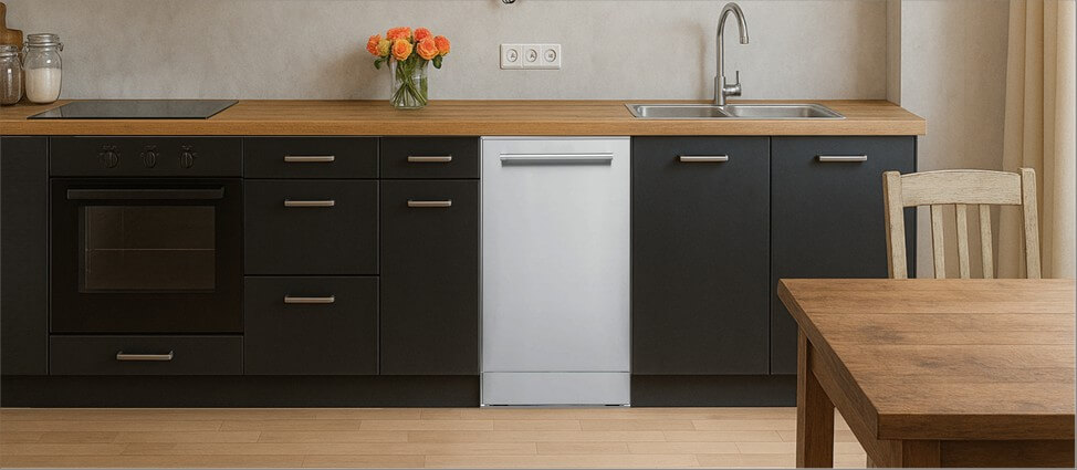 A stylish, modern kitchen showcasing streamlined cabinetry, an integrated sink, and smart appliance placement. The Avanti DWT18V3S built-in dishwasher is neatly housed within the cabinets, blending effortlessly into the functional and elegant kitchen layout.