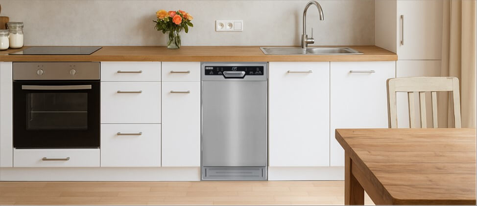 A sleek, contemporary kitchen with built-in cabinetry, integrated appliances, and a modern sink setup. The SPT SD-9254SS dishwasher is seamlessly installed within the cabinetry, demonstrating its compatibility with clean, minimalist kitchen designs.
