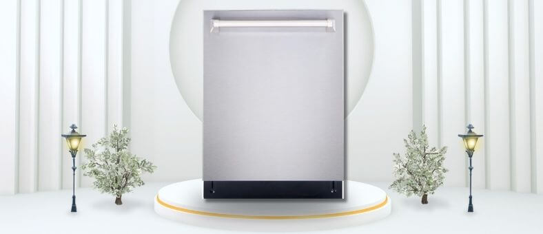 A featured image of the topic COSMO COS-DIS6502 Dishwasher Review. A COSMO COS-DIS6502 dishwasher is showcased on a pedestal with a glowing halo at the base, flanked by ornamental plants and other things, set against a backdrop of elegant white curtains.