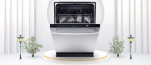 A featured image of the topic Kalamera ‎KWM2414H Dishwasher Review. A Kalamera ‎KWM2414H dishwasher is showcased on a pedestal with a glowing halo at the base, flanked by ornamental plants and other things, set against a backdrop of elegant white curtains.