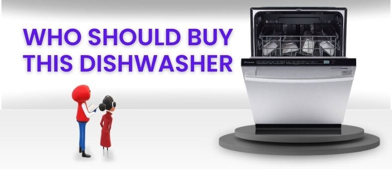 The image features a banner with the text "WHO SHOULD BUY THIS DISHWASHER" in bold purple letters, with a stylized representation of two people looking towards a dishwasher, indicating a focus on potential buyers or consumers interested in purchasing a Kalamera ‎KWM2414H dishwasher.