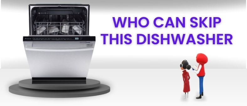 The image presents a visual concept with the text "WHO CAN SKIP THIS DISHWASHER" in bold purple letters, depicting two characters standing next to a displayed dishwasher, suggesting a discussion on who may not need to purchase Kalamera ‎KWM2414H dishwasher.