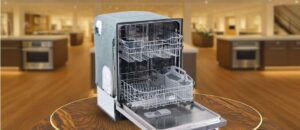 COSMO COS-DIS6502 Dishwasher Review image showing the built-in (under-counter) dishwasher is placed in a showroom, emphasizing its streamlined front panel and modern aesthetic.