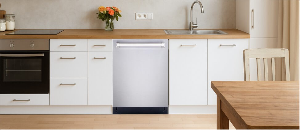 A sleek, contemporary kitchen with built-in cabinetry, integrated appliances, and a modern sink setup. The COSMO COS-DIS6502 dishwasher is seamlessly installed within the cabinetry, demonstrating its compatibility with clean, minimalist kitchen designs.
