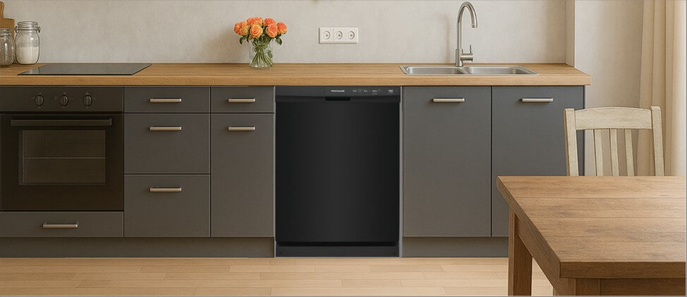 A sleek, contemporary kitchen with built-in cabinetry, integrated appliances, and a modern sink setup. The Frigidaire FFCD2413UB dishwasher is seamlessly installed within the cabinetry, demonstrating its compatibility with clean, minimalist kitchen designs.