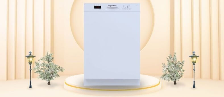 A featured image of the topic MagicClean MCDW24WI Dishwasher Review. A MagicClean MCDW24WI dishwasher is showcased on a pedestal with a glowing halo at the base, flanked by ornamental plants and other things, set against a backdrop of elegant white curtains.