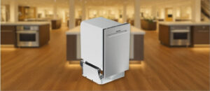 In this Honeywell HDS18SS Dishwasher Review image, the built-in (under-counter) dishwasher is displayed in a showroom setting, highlighting its modern design and sleek front panel.