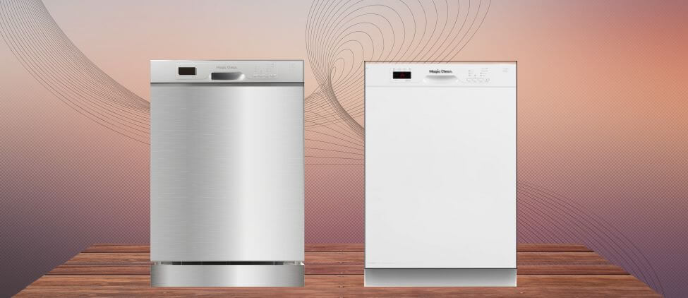 17_Magic-Clean-MCDW24WI-dishwasher-review Two Magic Clean MCDW24WI dishwashers in stainless steel and white finish placed side by side on a wooden surface, featured for the Magic Clean MCDW24WI dishwasher review.