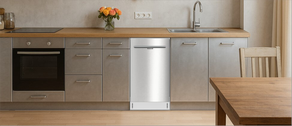 A stylish, modern kitchen showcasing streamlined cabinetry, an integrated sink, and smart appliance placement. The Honeywell HDS18SS built-in dishwasher is neatly housed within the cabinets, blending effortlessly into the functional and elegant kitchen layout.