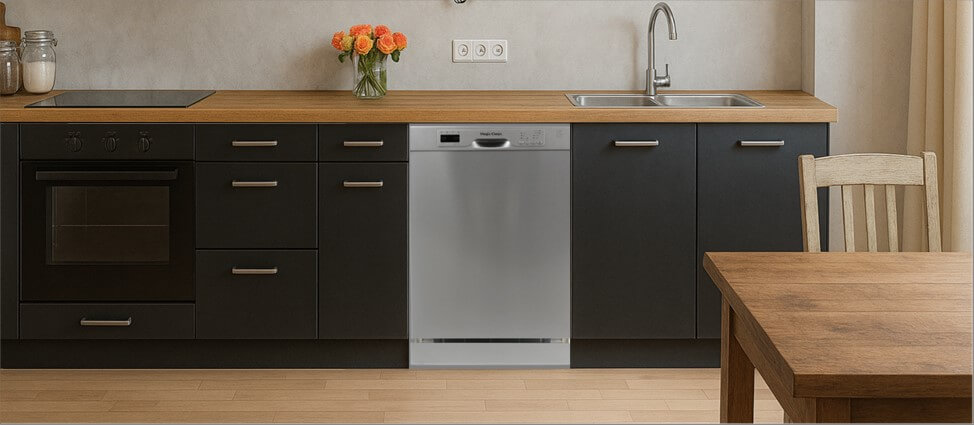 Magic Clean MCDW24WI Dishwasher Review image showing the built-in (under-counter) dishwasher is placed in a showroom, emphasizing its streamlined front panel and modern aesthetic.