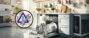 Modern kitchen with an open, fully loaded dishwasher and a troubleshooting icon, illustrating the blog 'Dishwasher Won't Start? 11 Powerful Solutions to Get It Running'.