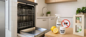 Modern kitchen with a clean open dishwasher and natural cleaning supplies like vinegar, lemon, and baking soda on the counter, showing how to get rid of ants in your dishwasher.