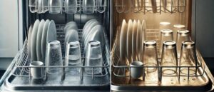 Close-up of empty plates and glasses in a dishwasher, showing water droplets for air drying and steam rising for heat drying, illustrating the comparison of Heat Dry vs. Air Dry.