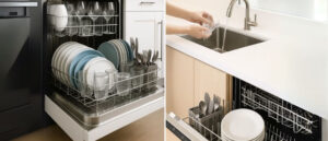 Comparison of pre-rinsing dishes by hand at a sink versus using a modern dishwasher with neatly arranged dishes, demonstrating the debate on whether pre-rinsing is necessary for optimal dishwasher performance.