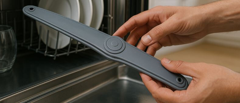 Close-up of hands removing a dishwasher spray arm with a clean kitchen in the background, illustrating "spray arm not working" troubleshooting.