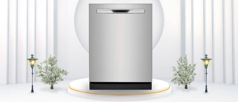 A featured image of the topic Frigidaire FGIP2468UF Dishwasher Review. A Frigidaire FGIP2468UF dishwasher is showcased on a pedestal with a glowing halo at the base, flanked by ornamental plants and other things, set against a backdrop of elegant white curtains.