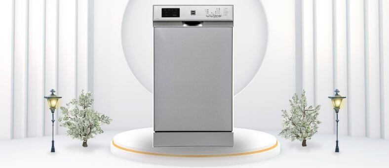 01 – RCA RZ0381 Dishwasher Review A featured image of the topic RCA RZ0381 Dishwasher Review. A RCA RZ0381 dishwasher is showcased on a pedestal with a glowing halo at the base, flanked by ornamental plants and other things, set against a backdrop of elegant white curtains.