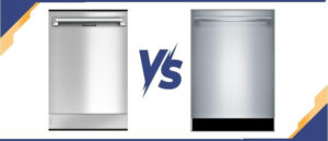 A featured image of the topic Honeywell HDS24SS vs BOSCH SHX78B75UC Dishwasher Comparison, containing inmages of Honeywell HDS24SS Dishwasher and BOSCH SHX78B75UC Dishwasher side by side.