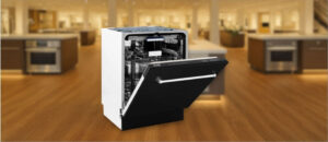 In this ZLINE DWV-BLM-24 Dishwasher Review image, the built-in (under-counter) dishwasher is displayed in a showroom setting, highlighting its modern design and sleek front panel.