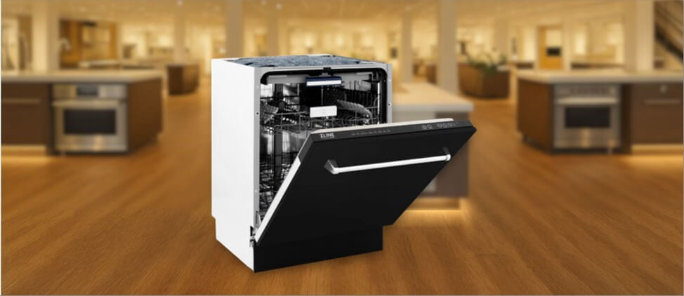 17_AA123-Dishwasher-Review In this ZLINE DWV-BLM-24 Dishwasher Review image, the built-in (under-counter) dishwasher is displayed in a showroom setting, highlighting its modern design and sleek front panel.