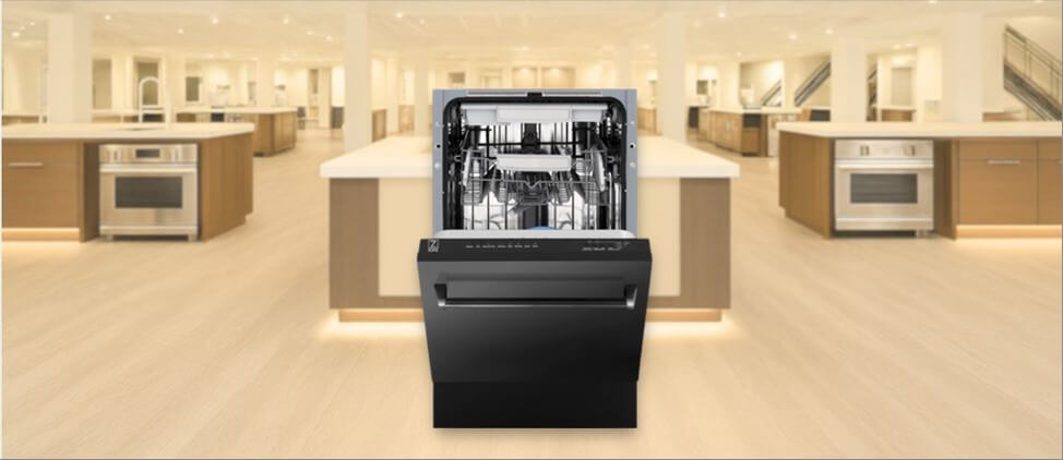 A featured image of the topic ZLINE 18" (DWV-BS-18) Dishwasher Review. A ZLINE 18" (DWV-BS-18) dishwasher is showcased on a pedestal with a glowing halo at the base, flanked by ornamental plants and other things, set against a backdrop of elegant white curtains.
