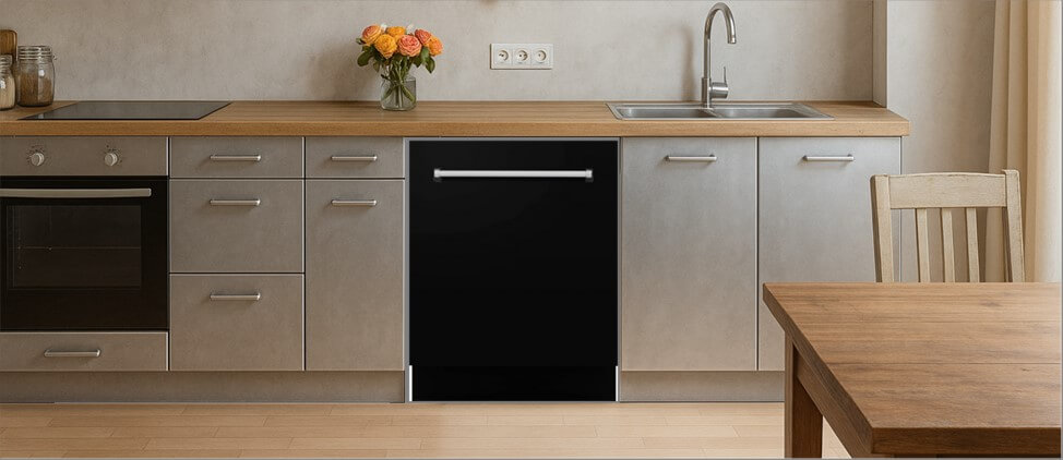 A sleek, contemporary kitchen with built-in cabinetry, integrated appliances, and a modern sink setup. The ZLINE DWV-BLM-24 dishwasher is seamlessly installed within the cabinetry, demonstrating its compatibility with clean, minimalist kitchen designs.