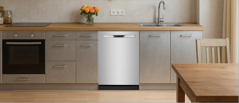 A sleek, contemporary kitchen with built-in cabinetry, integrated appliances, and a modern sink setup. The Frigidaire FGIP2468UF dishwasher is seamlessly installed within the cabinetry, demonstrating its compatibility with clean, minimalist kitchen designs.