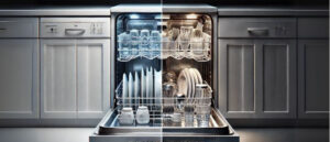 Split dishwasher interior showing plastic tub with simple dishes and stainless steel tub with glowing glassware — Stainless Steel vs. Plastic Tub Dishwashers