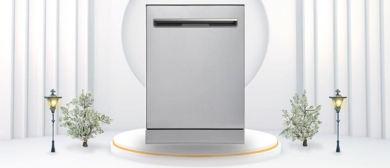 A featured image of the topic DUURA DE1200DWDSS Dishwasher Review. A DUURA ( DE1200DWDSS) dishwasher is showcased on a pedestal with a glowing halo at the base, flanked by ornamental plants and other things, set against a backdrop of elegant white curtains.