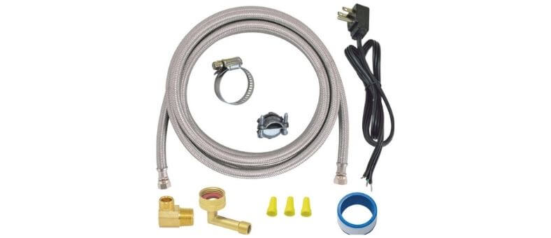 Visual representation of the Eastman Dishwasher Installation Kit, displaying stainless steel hoses, electrical power cord, brass fittings, and essential accessories for setup.