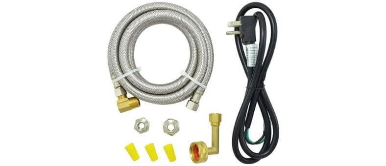 Visual demonstration of the TT FLEX Universal Installation Kit, showcasing stainless steel hoses, a power cord, brass fittings, and various installation components.