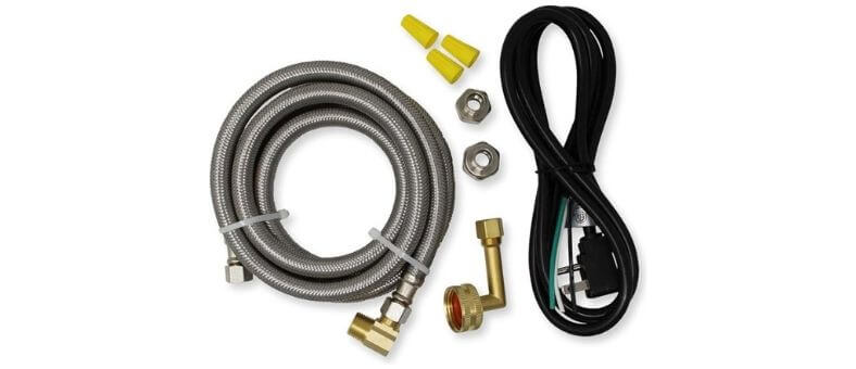 Visual guide to the Universal Dishwasher Installation Kit, displaying stainless steel hoses, a power cord, brass fittings, and essential installation accessories.