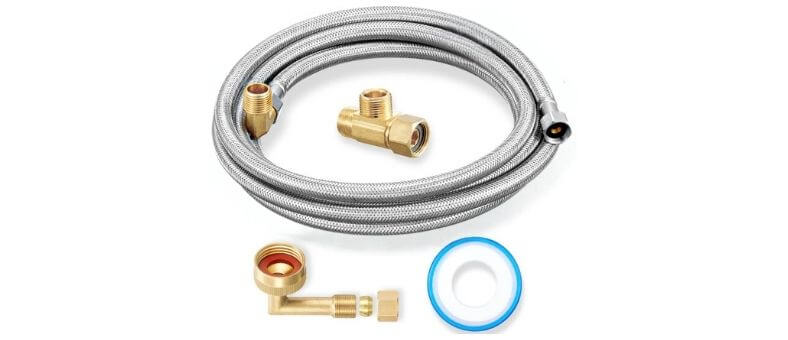Pictorial demonstration of the H2OPURE 10 FT Dishwasher Installation Kit, featuring a long stainless steel hose, brass connectors, and essential sealing components.