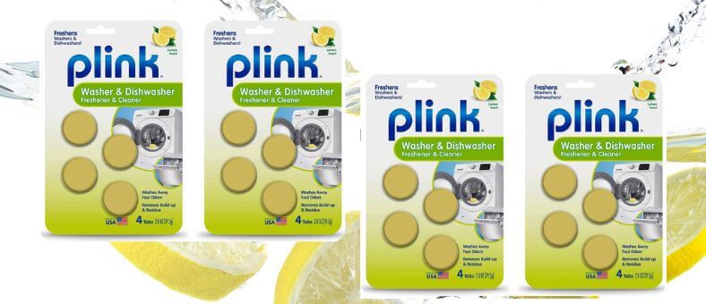 Visual interpretation of Plink Washer and Dishwasher Freshener and Cleaner packs, showcasing an effective solution for freshening and cleaning dishwashers and washing machines, highlighted against a backdrop of citrus slices and water splashes.