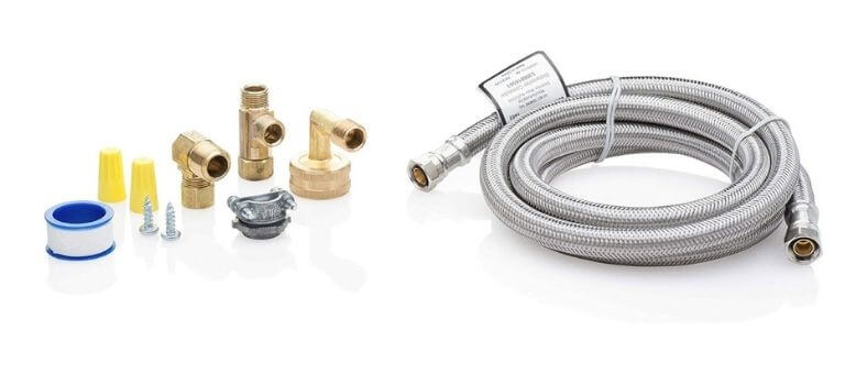 Visual demonstration of the Smart Choice Dishwasher Installation Kit, showcasing stainless steel hoses, brass fittings, and installation accessories.