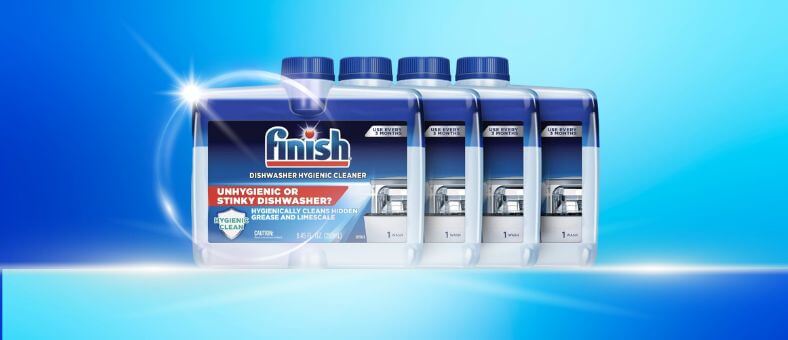 Visual guide featuring Finish Dual Action Dishwasher Cleaner bottles, representing a powerful solution for hygienically cleaning and removing hidden grease and limescale from dishwashers, set against a sleek blue background.