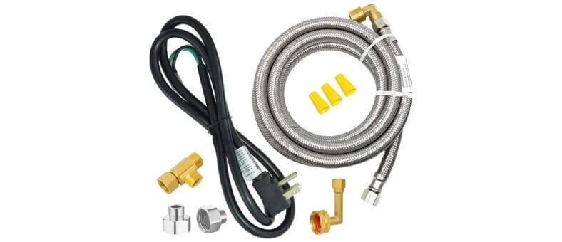 Visual guide of the Universal Dishwasher Installation Kit by Carter, displaying hoses, power cords, and connectors for efficient setup.