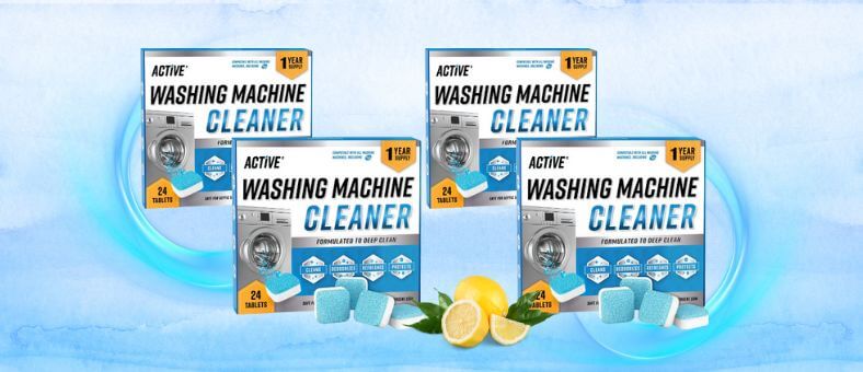Visual demonstration featuring Active Washing Machine Cleaner packs and tablets, representing a deep-cleaning solution for washing machines, with a fresh lemon and citrus theme against a clean, blue background.