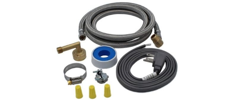 Visual demonstration of the Supplying Demand 6572 Universal Dishwasher Installation Kit, showcasing hoses, electrical cord, and essential fittings.