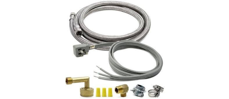 Visual guide of the EvertechPRO Dishwasher Installation Kit displaying stainless steel hoses, power cord, and various connectors.