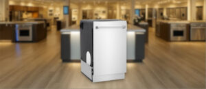 In this ZLINE DWMT-304-24 Dishwasher Review image, the built-in (under-counter) dishwasher is displayed in a showroom setting, highlighting its modern design and front panel.