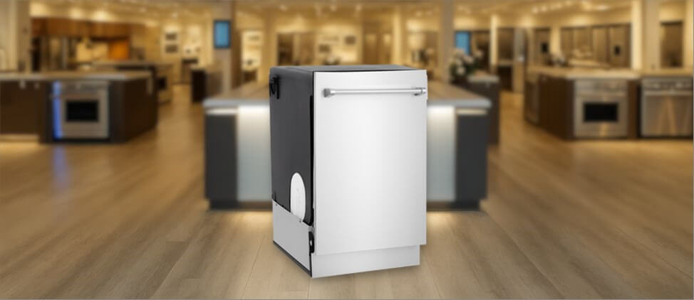 In this ZLINE DWMT-304-24 Dishwasher  image, the built-in (under-counter) dishwasher is displayed in a showroom setting, highlighting its modern design and front panel.